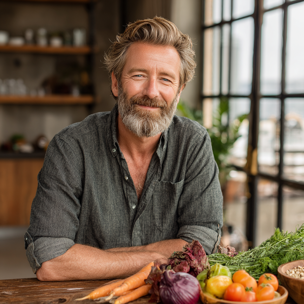 Smiling middle-aged man in his late forties with graying hair wearing a casual button-down shirt, sitting at a wooden dining table with a variety of healthy foods including fresh vegetables, fruits and whole grains, natural daylight from large windows